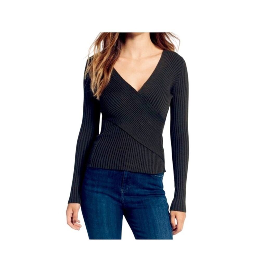ASTR Black Ribbed Wrap Top Size M Long Sleeve Fitted V Neck Stretch Knit
